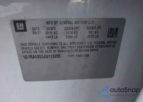 2018 Chevrolet Volt Lt из США, поврежденный, VIN 1G1RA6S53JU113265